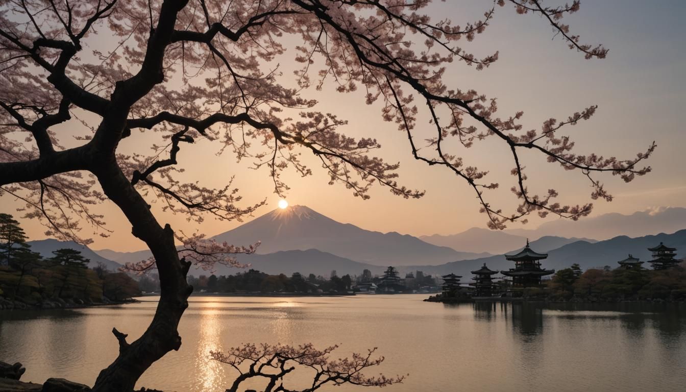 Sakura Silhouette at Sunset with Japanese Temples