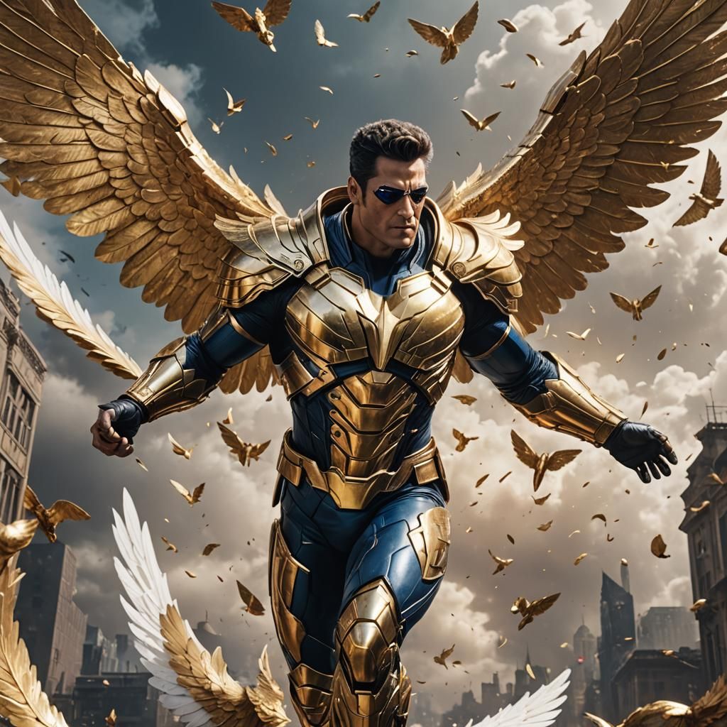 Golden Armored Hero Flies with White Wings