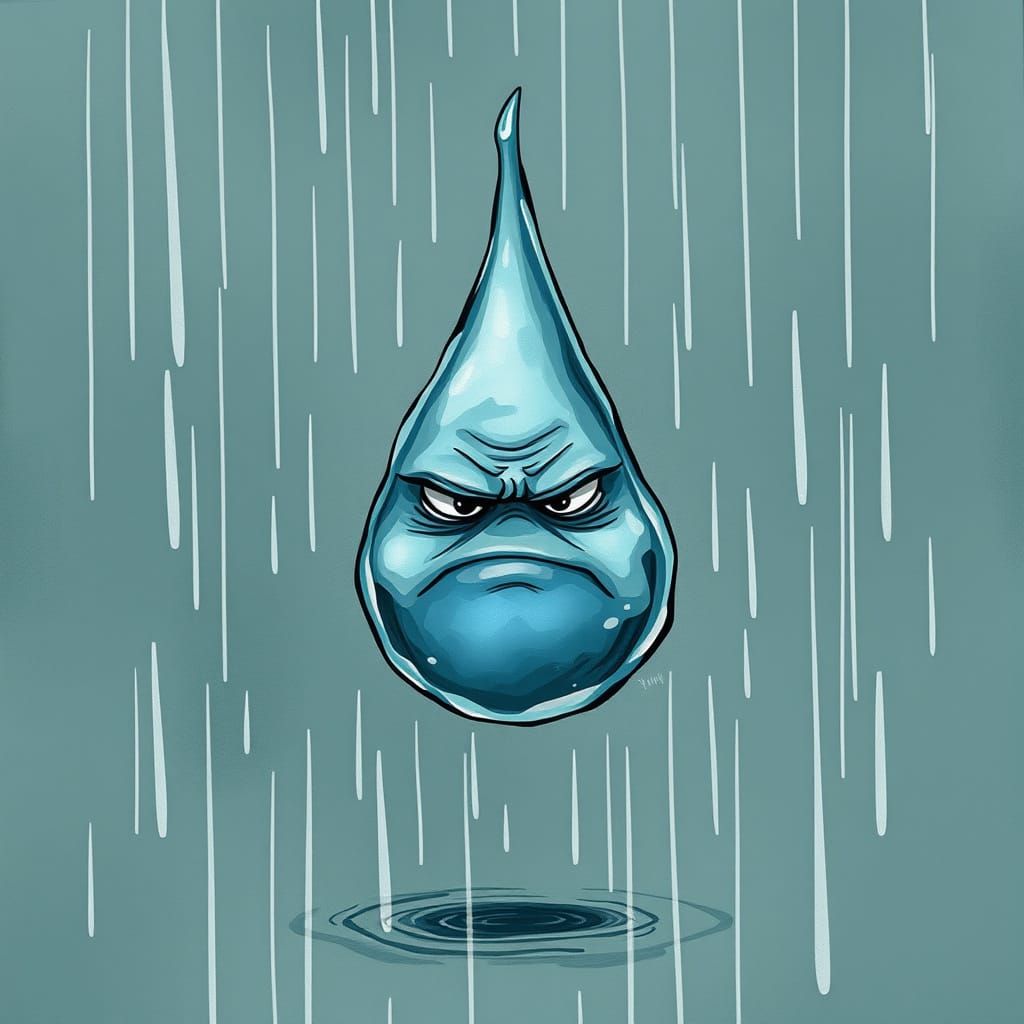 Whimsical Raindrop with Scowling Face