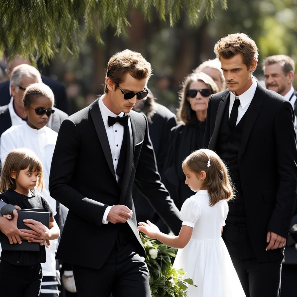 Man in Tuxedo Comforts Child at Funeral