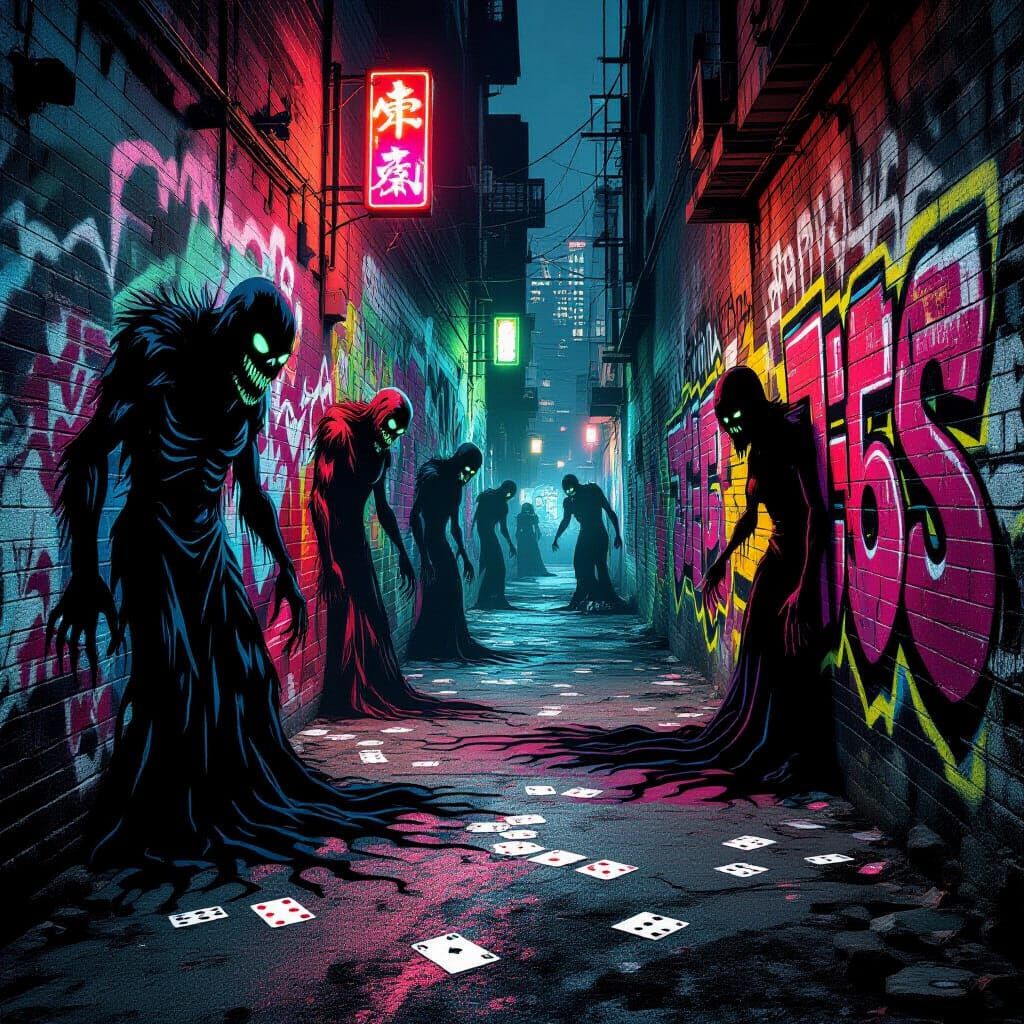 Graffiti Alleyway with Shadowy Figures and Royal Cards