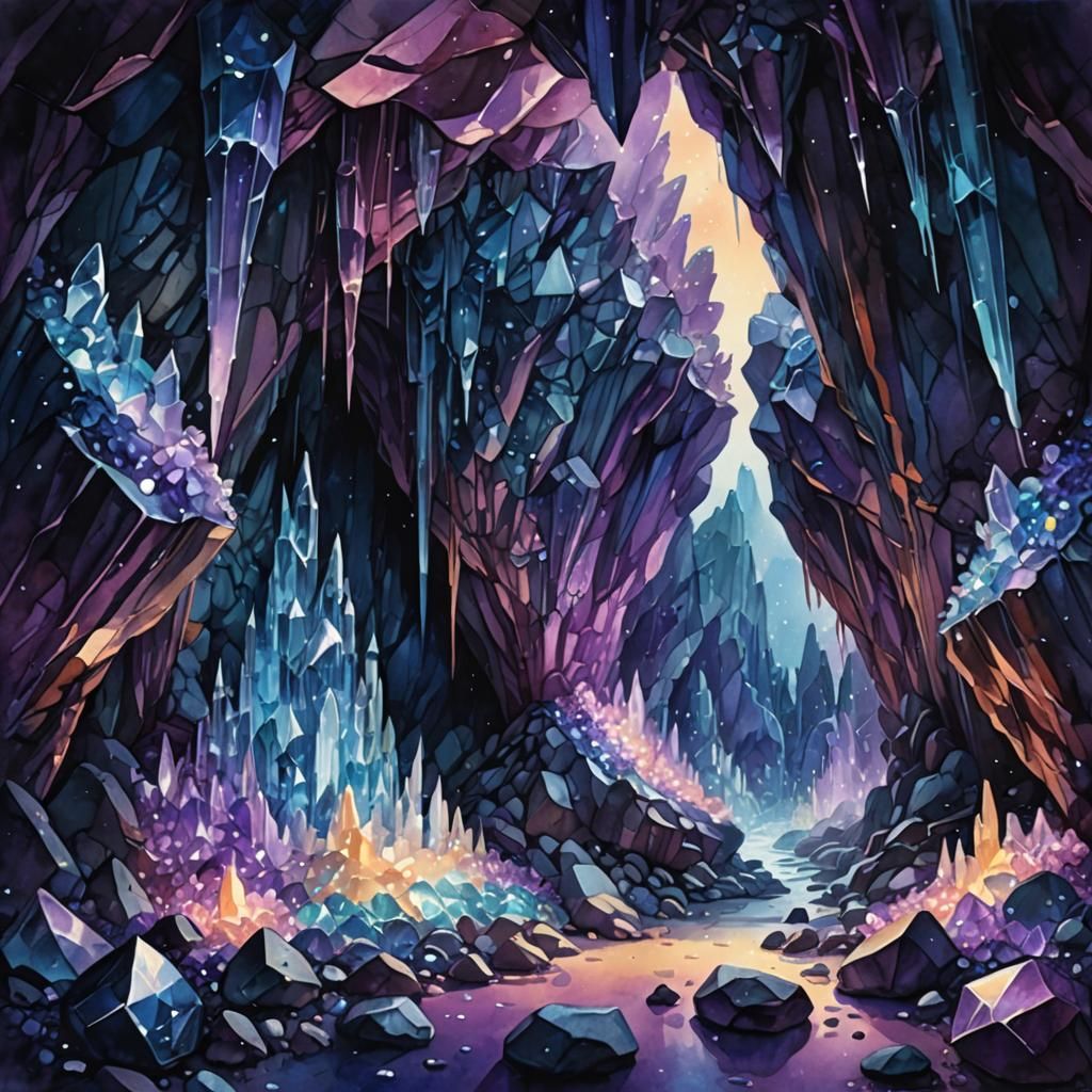 Mystical Crystal Cave at Dusk in Watercolor Style