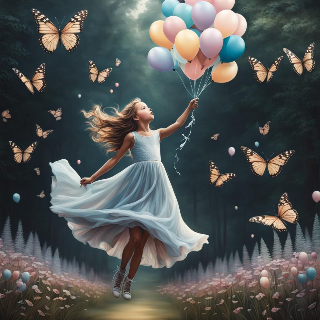 Fairytale Girl Flies Away with Balloon Butterflies