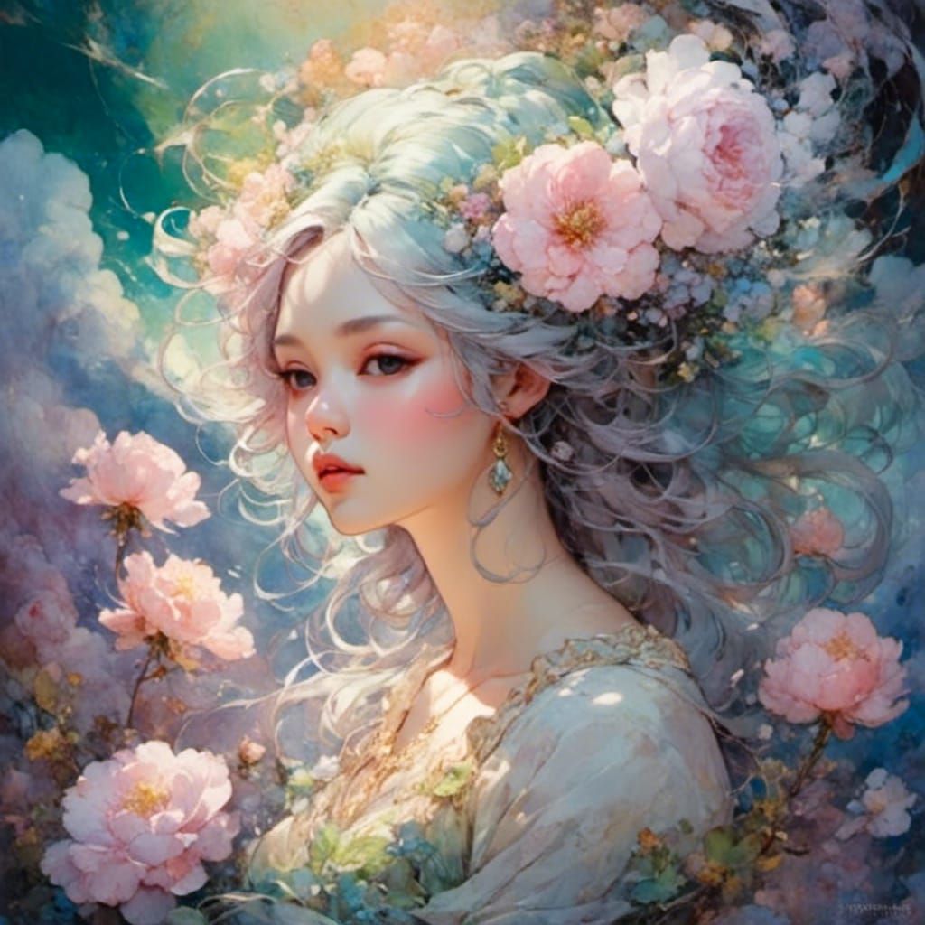 Dreamy Flower with Abstract Cloudscape in Pastel Colors