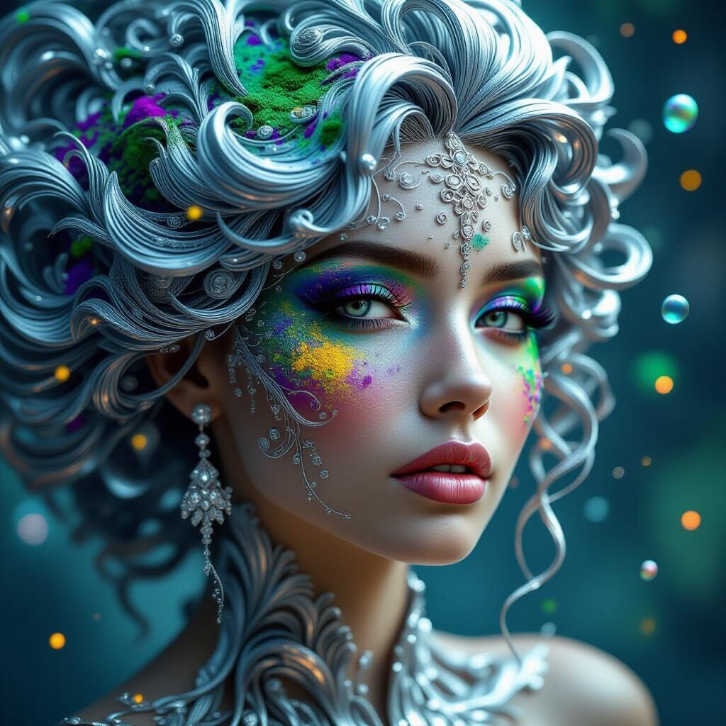 Surreal Portrait: Woman Merging with Silver Filigree and Hol...