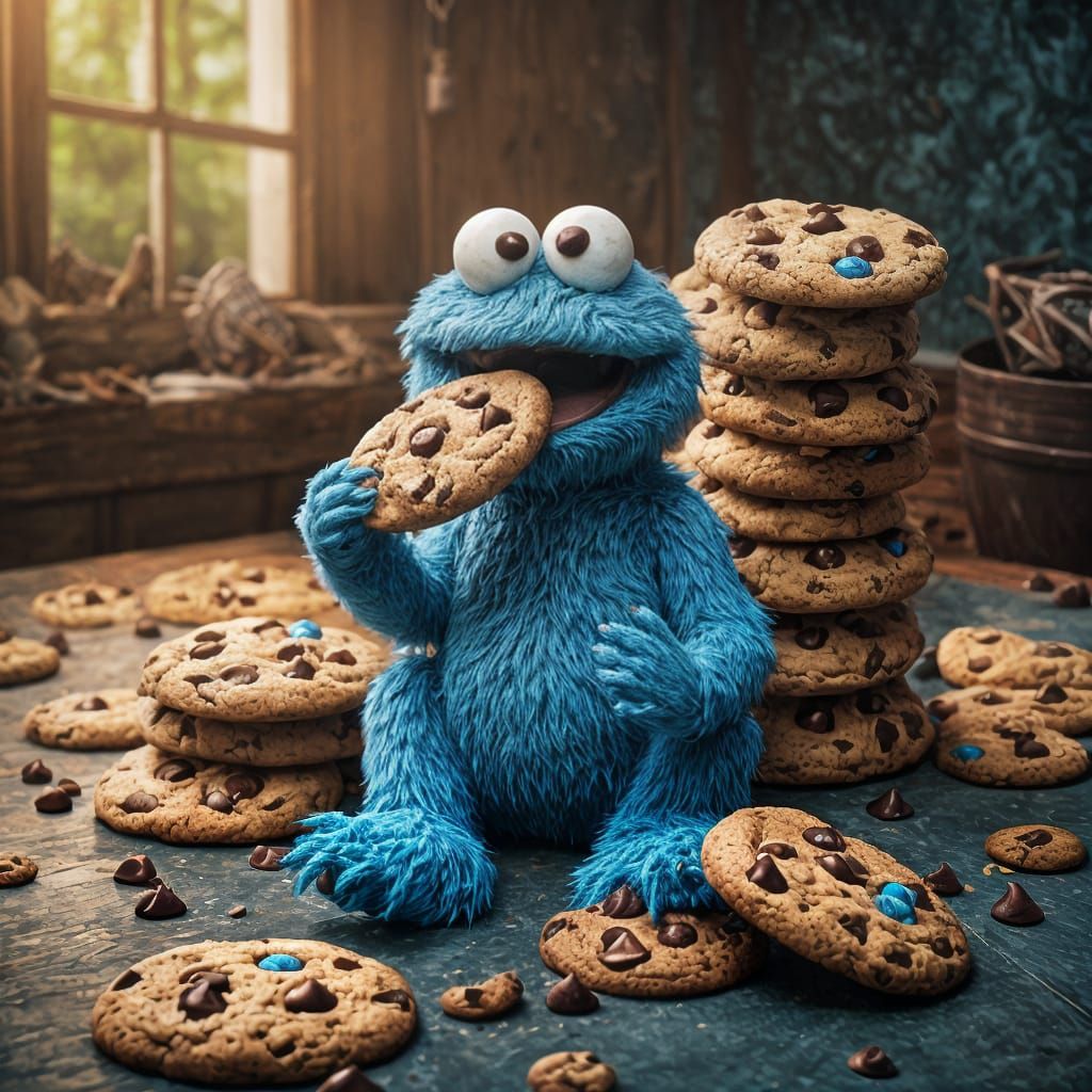Cookie Monster Eating Cookie, Detailed Matte Painting