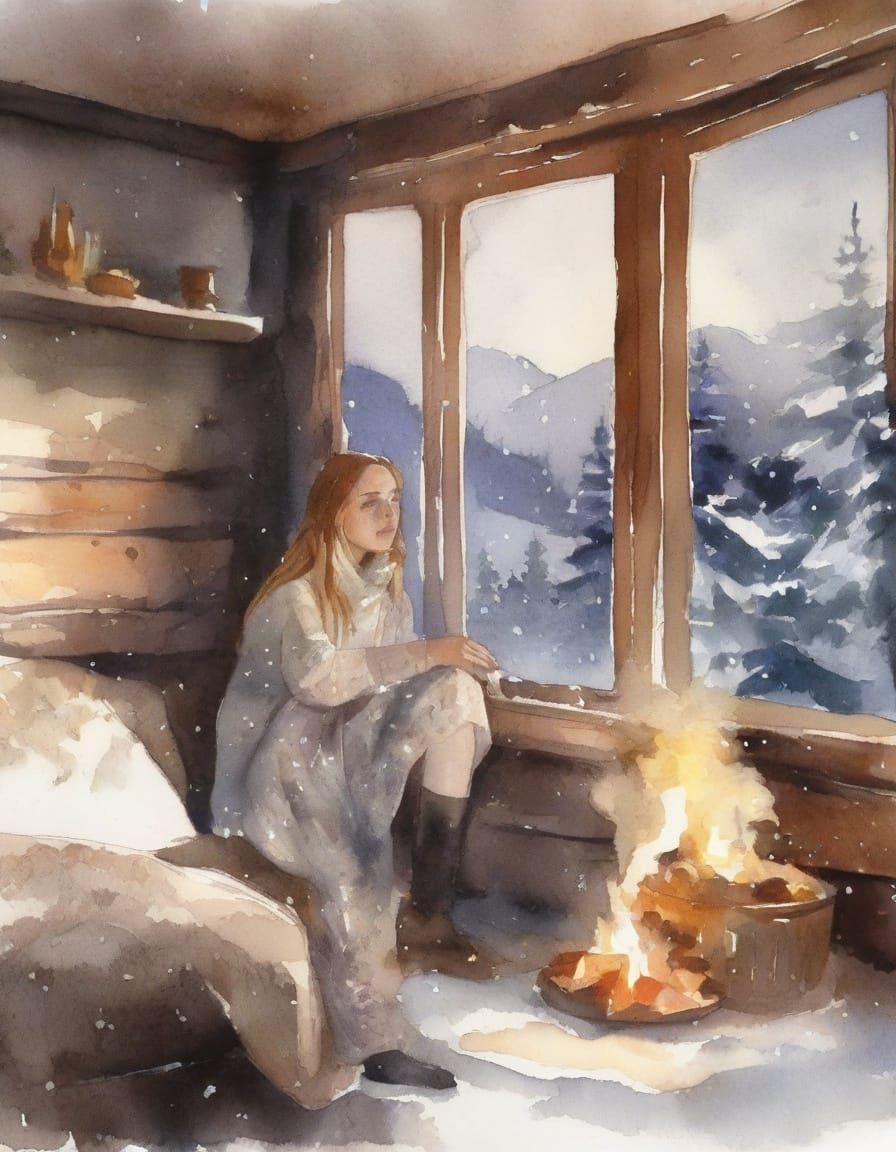 Cozy Winter Cabin Scene in Whimsical Gouache Style