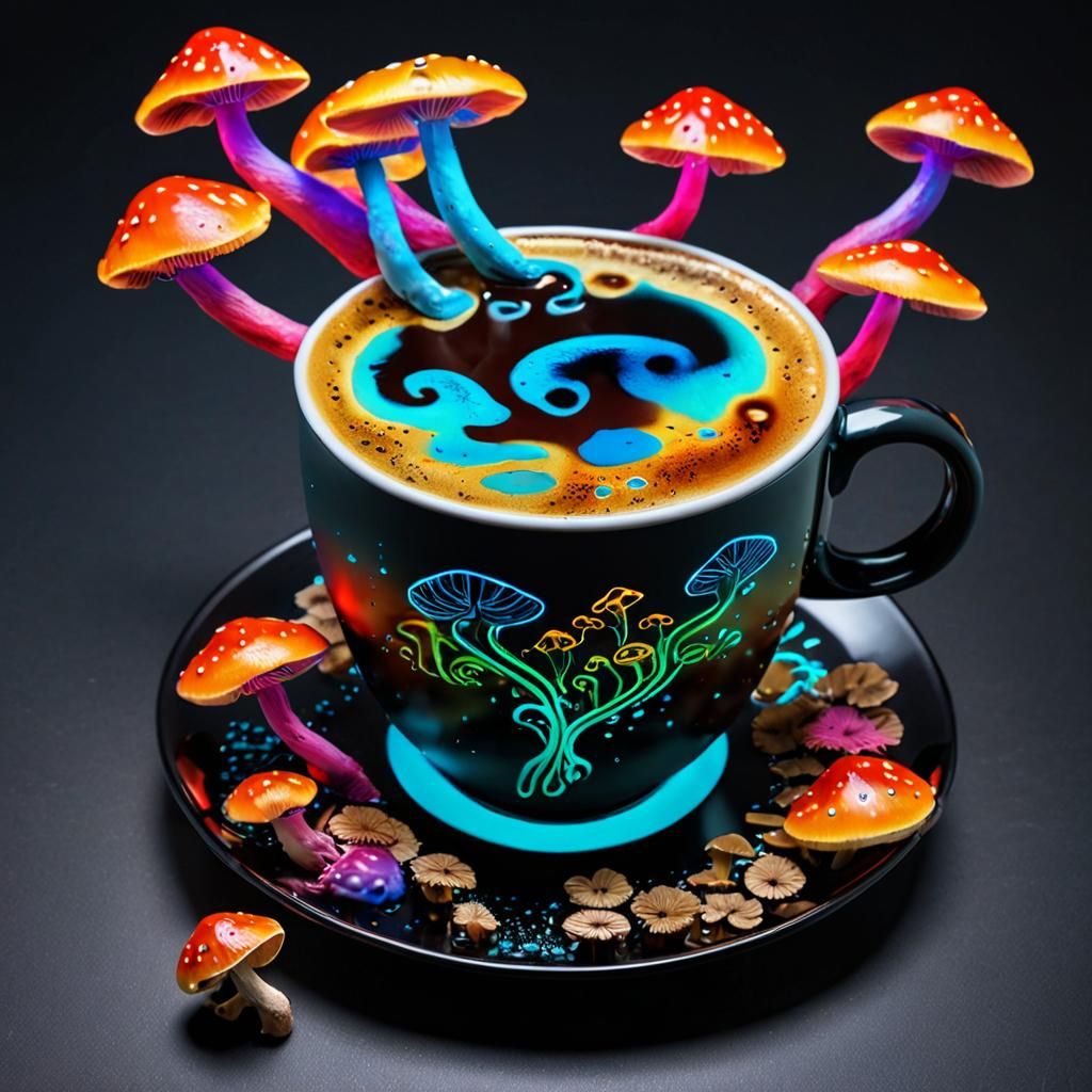 Psychedelic Coffee Cup with Bioluminescent Mushrooms