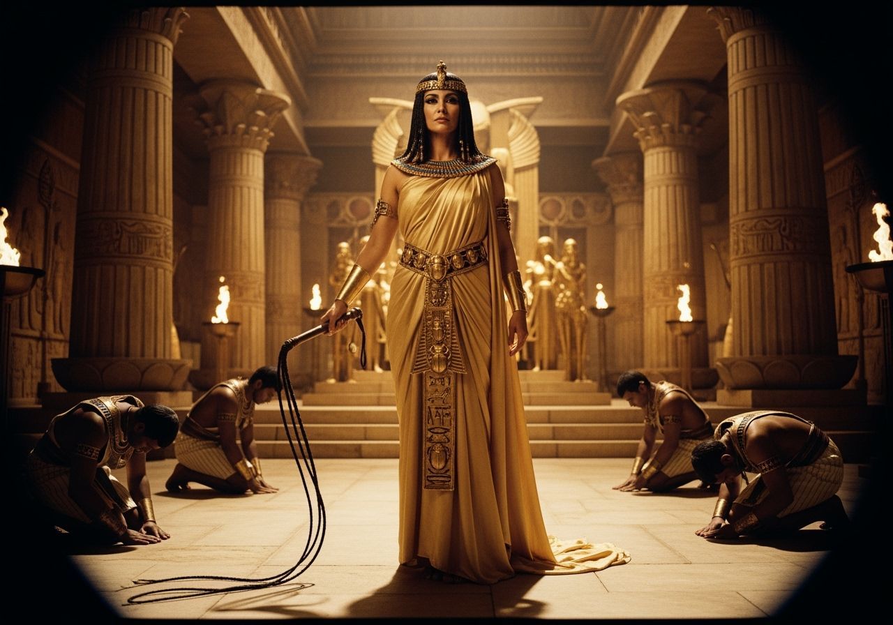Egyptian Queen with Whip in Opulent Throne Room