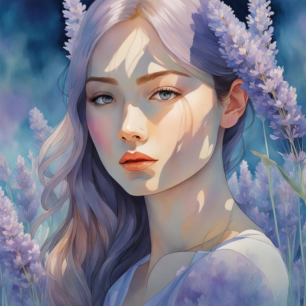 Watercolor Portrait with Lavender Field Double Exposure