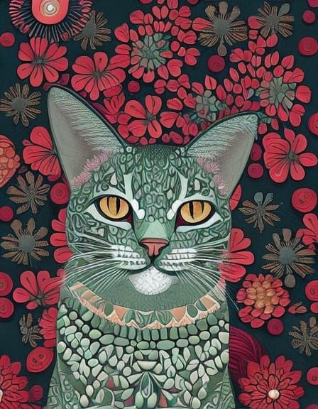 Cat Surrounded by Flowers: Intricate Detailed Art