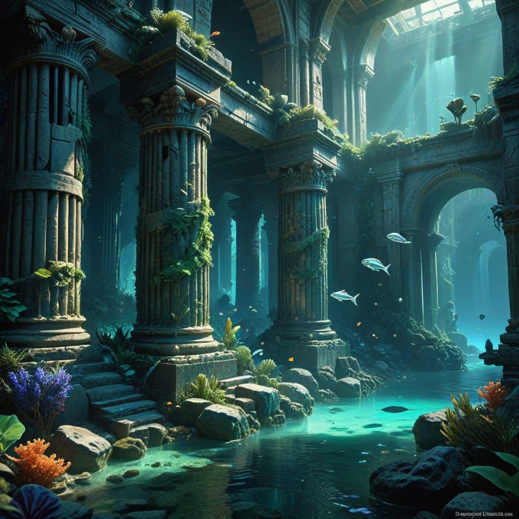 Ancient Underwater City Ruins in Ethereal Glow