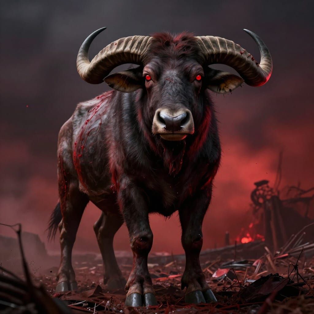 Giant Zombie Buffalo With Red Eyes Under Dark Sky