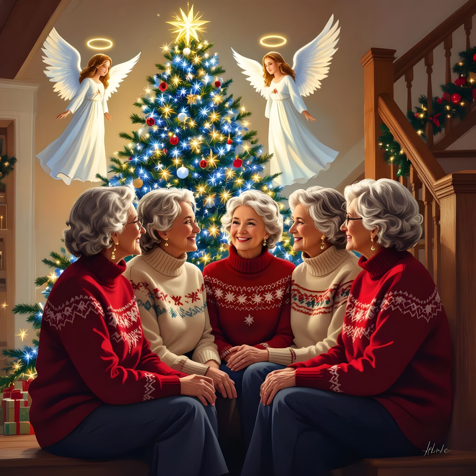 Sisters Admire Blue-Lit Christmas Tree with Angels