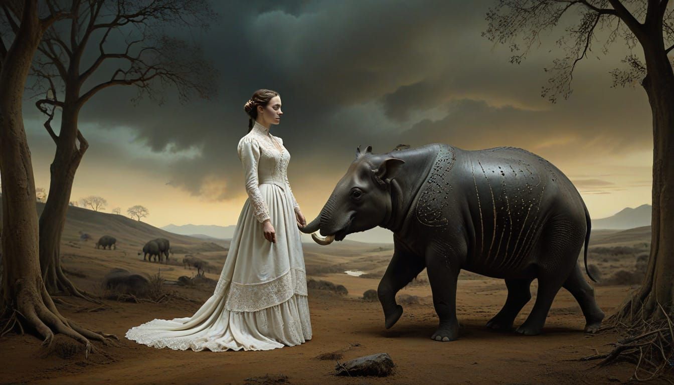 Woman in Eerie Landscape with Melting Tapir, in the Style of...