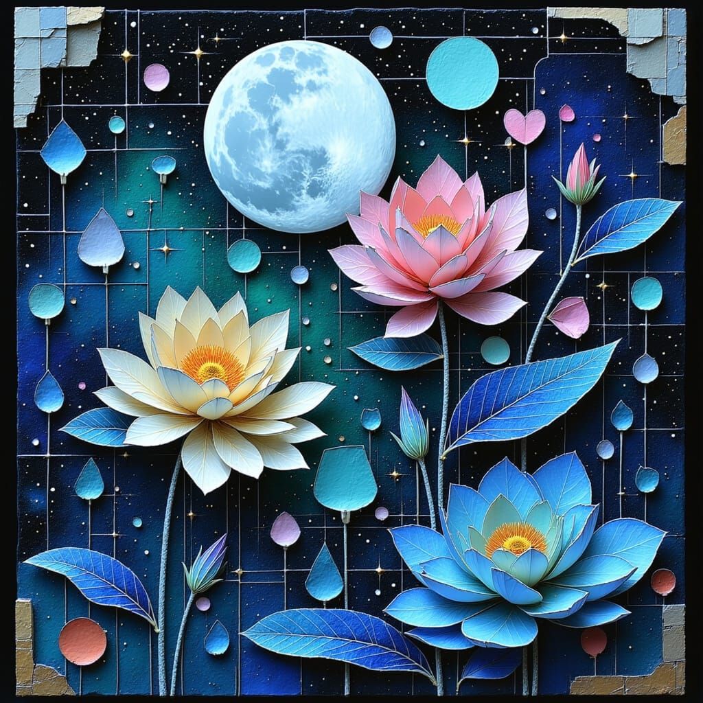 Cyanotype Moon with Geometric Flowers and Shapes