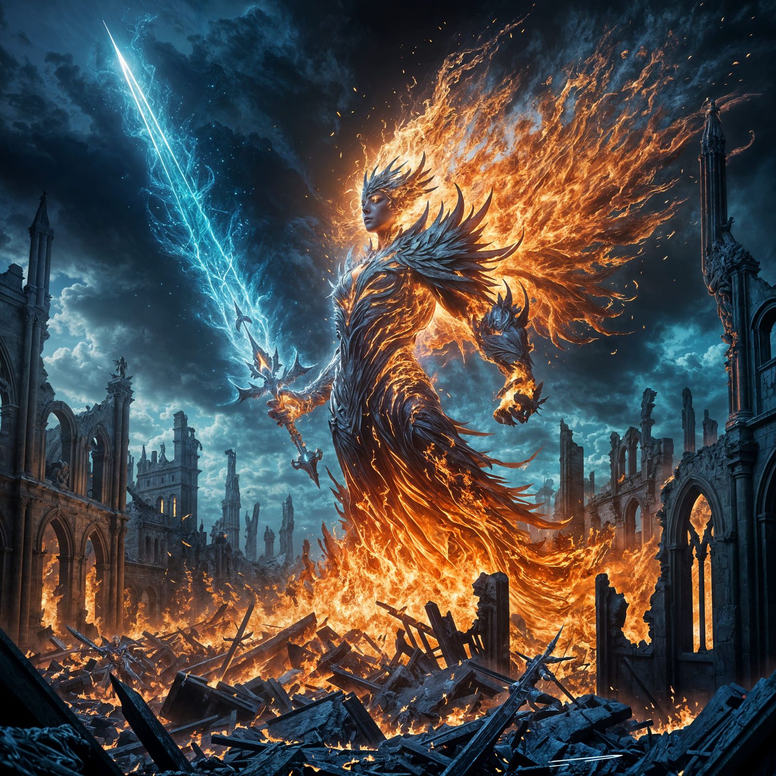 Celestial Fire Elemental Amidst City Ruins