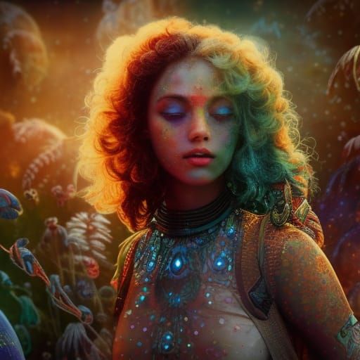 Biopunk Hippie Girl in Cosmic Horror Style