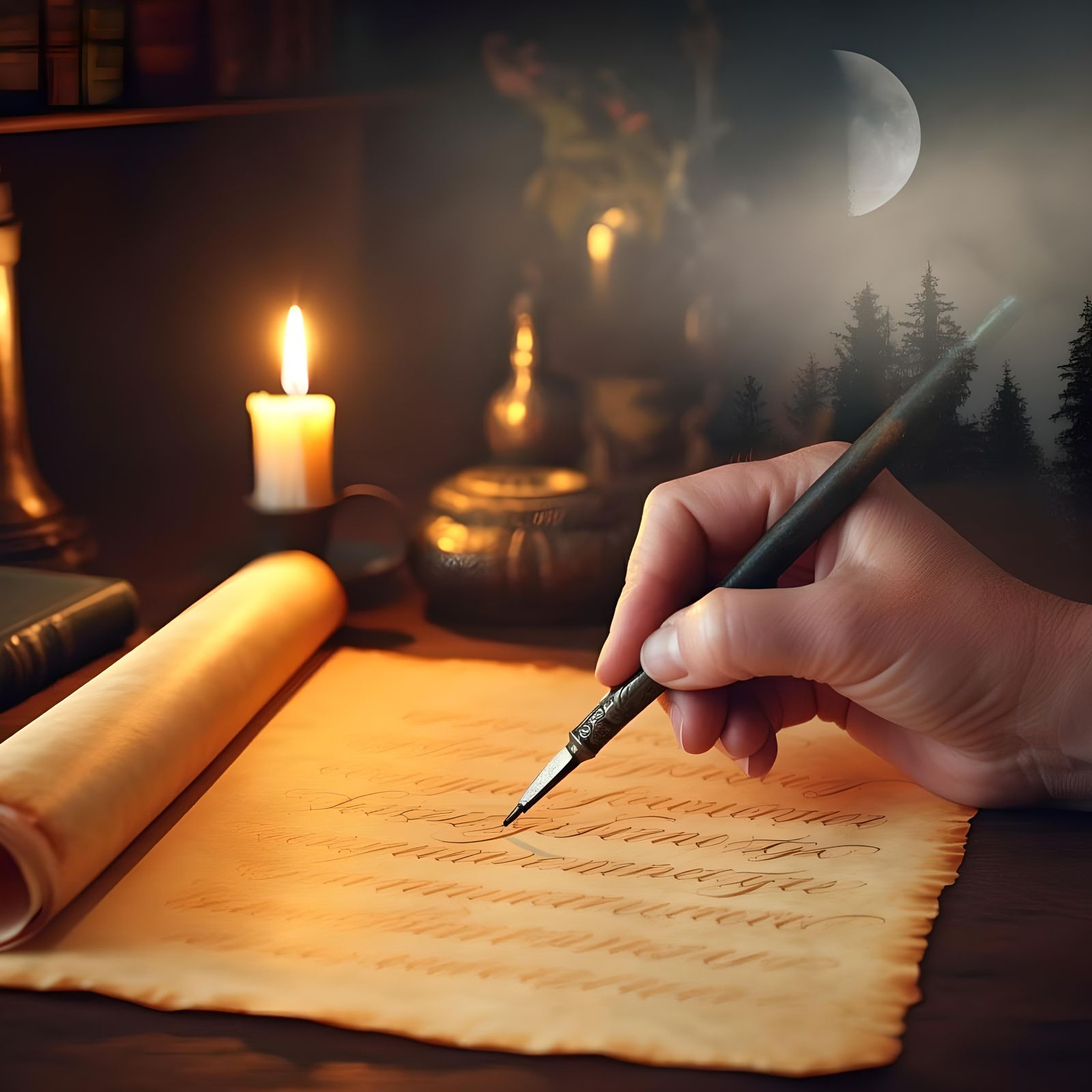 Candle-lit Desk with Calligraphy on Parchment