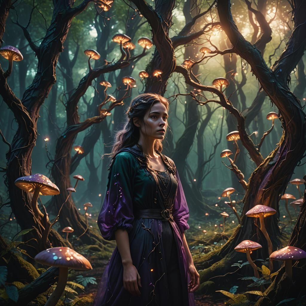 Lonely Girl in Dark Fantasy Forest