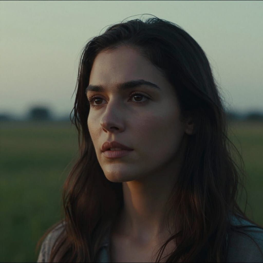 Intense Gaze of Woman Staring into Field