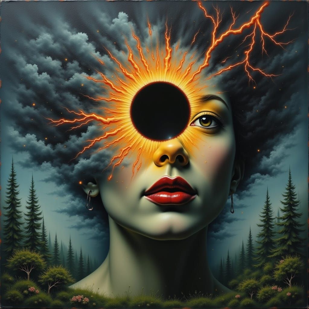 Surreal Eclipse Face Reflecting Duality of Nature