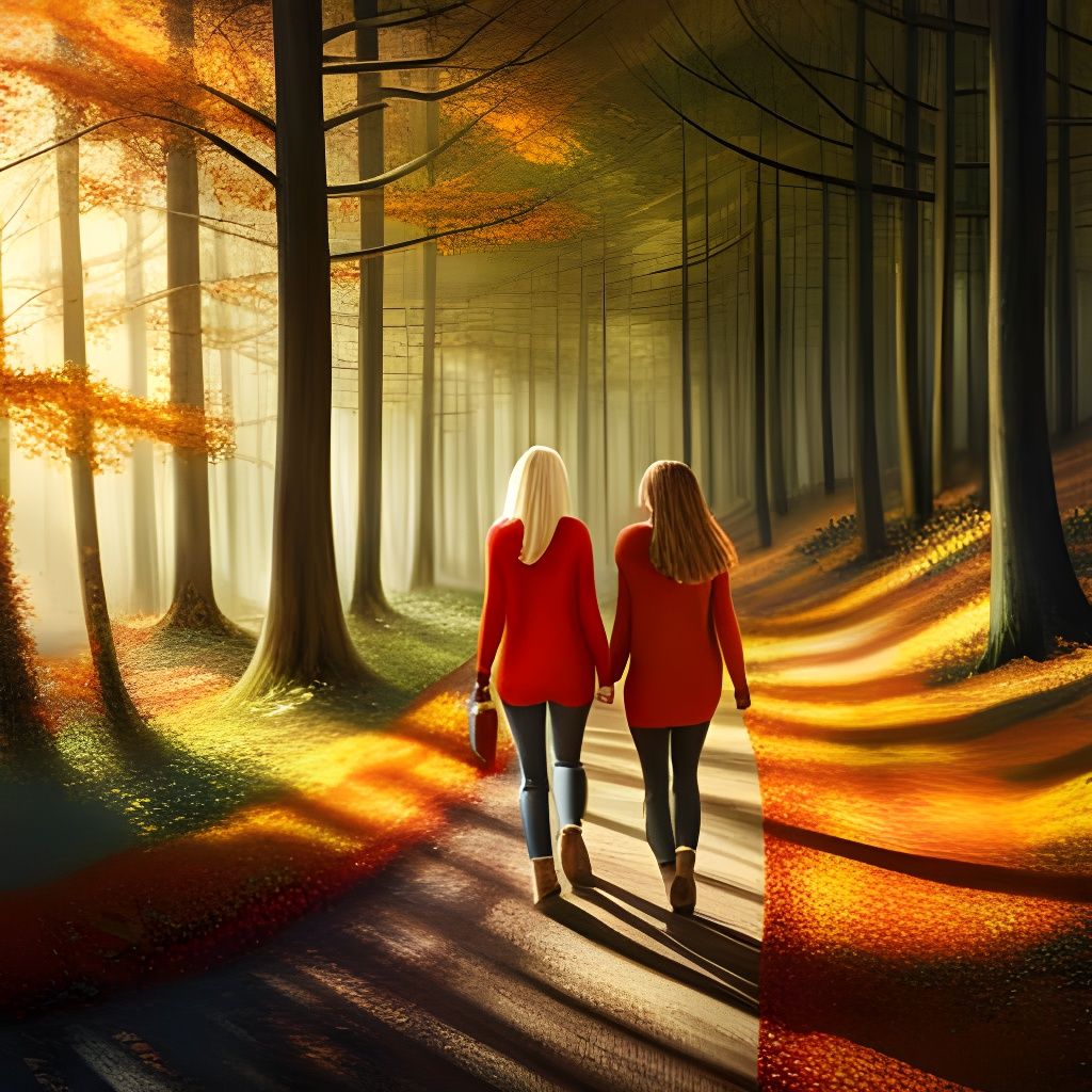 Autumnal Stroll: Oil Painting of Women on Forest Path