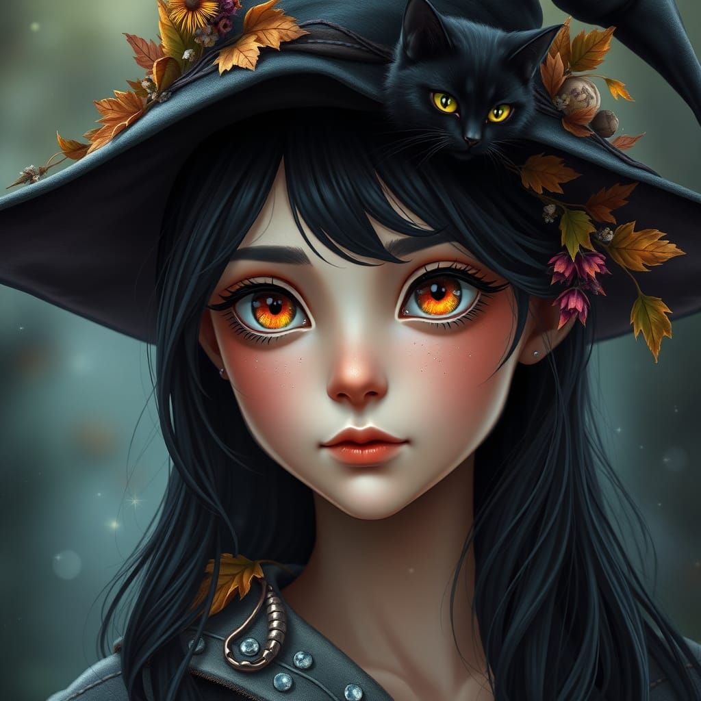 A high-definition, fantasy-style image of a young witch with a delicate and whimsical appearance. She has a soft, rounde...