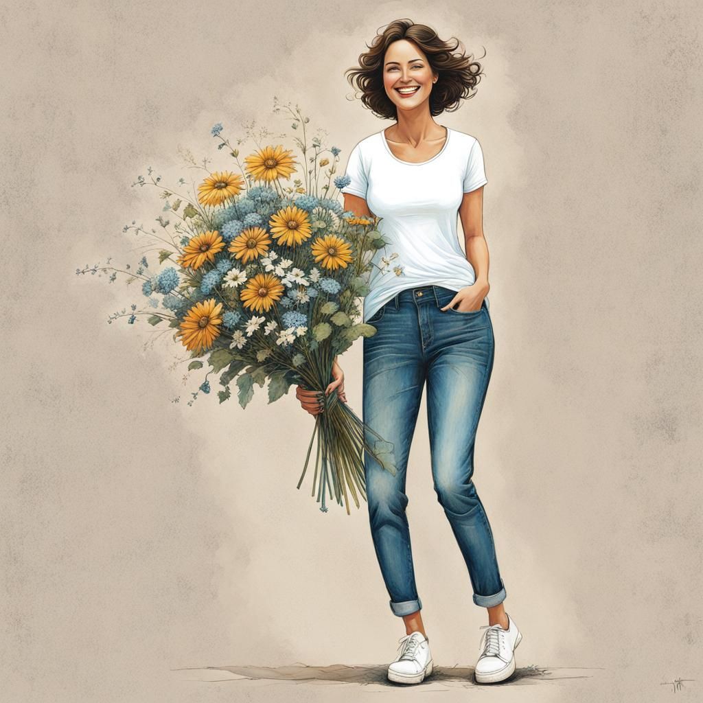 Smiling Woman with Flowers in Naive Art Style