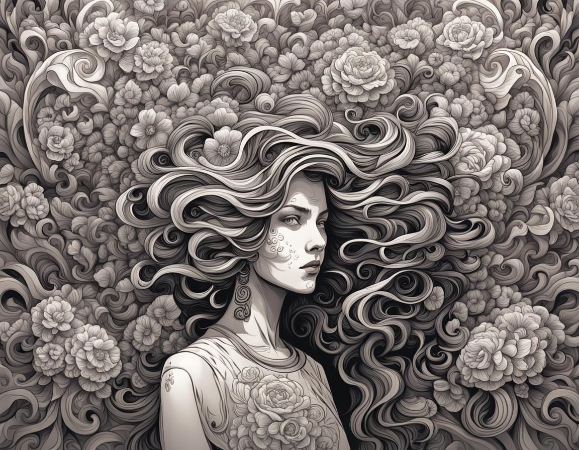 Sinister Woman with Flowers, Zentangle Shading