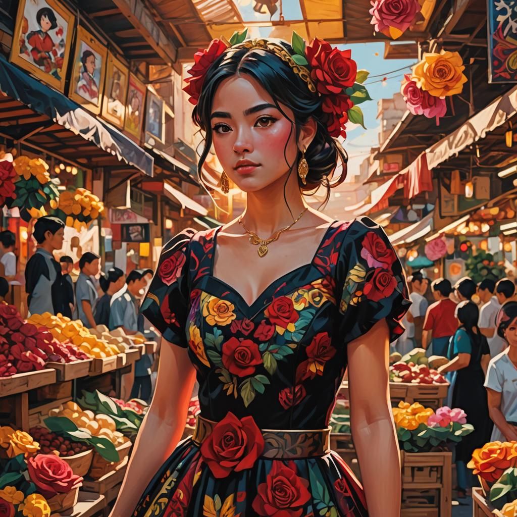 Anime Portrait of Girl in Rose Dress
