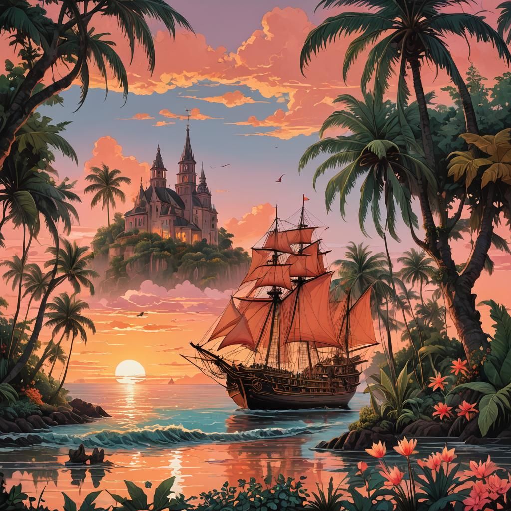 Sunset Seascape with Sailing Vessel in Dreamlike Style