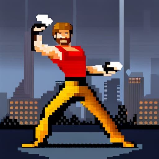 Chuck Norris High Kick in Vibrant 8-bit Pixel Art