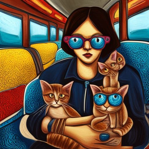 Abstract Cat-Human Mother and Babies on Train