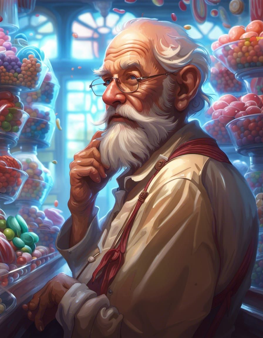 Old Man in Candy Shop: Hyperdetailed Portrait