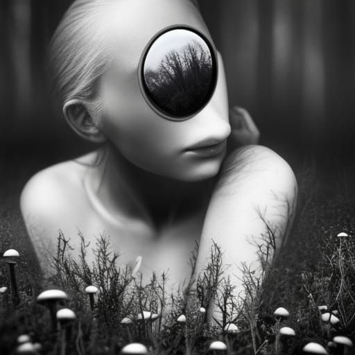 Monochrome Forest Portrait with Mushrooms