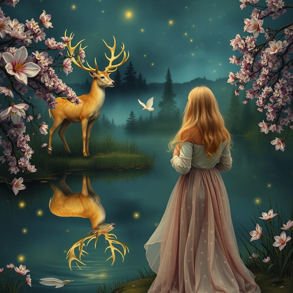 Stag with Blossoms in Pre-Raphaelite Style