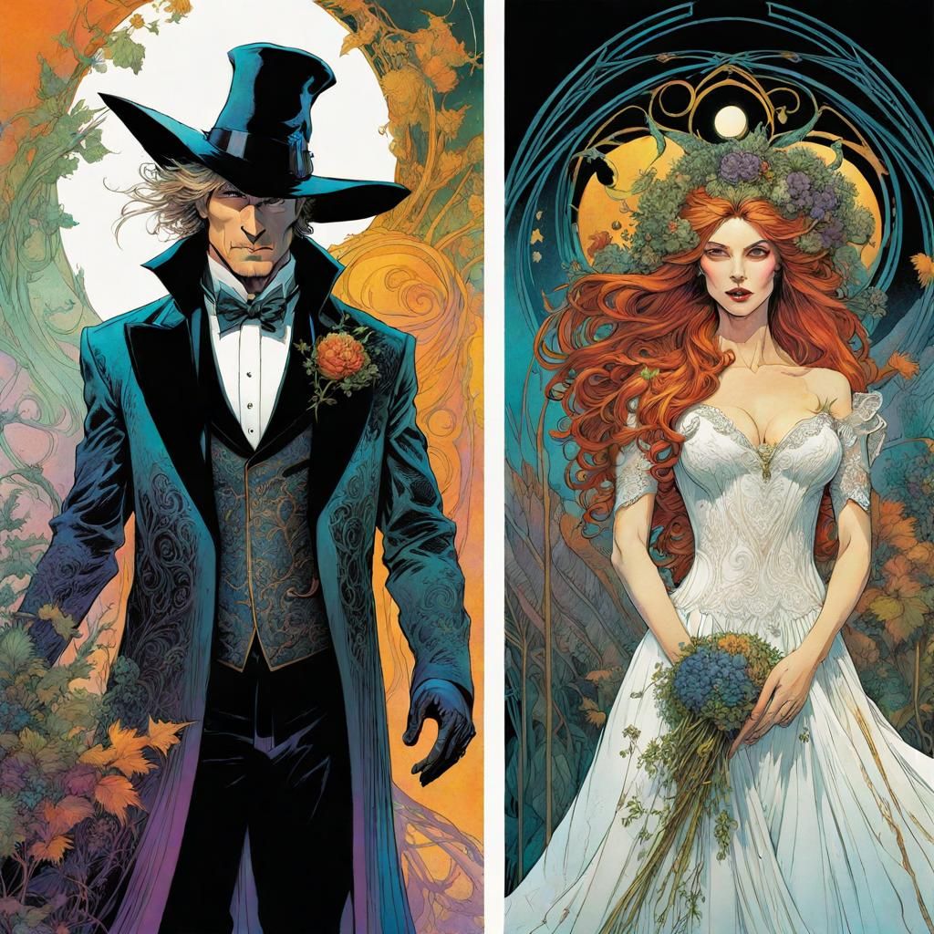 Witchy Wedding Split Image in Fantasy Art Style