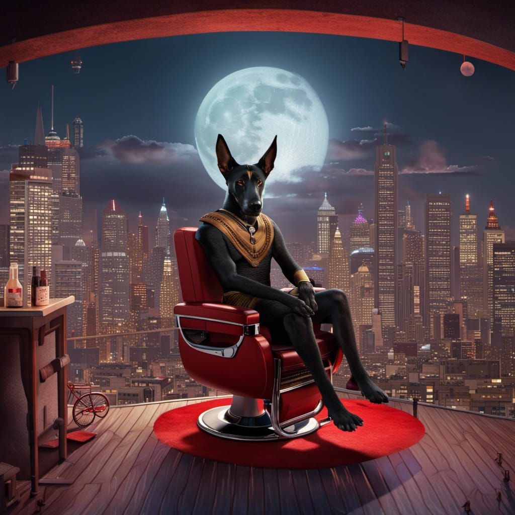 Anubis sitting in a red barber chair with a Barber, standing...