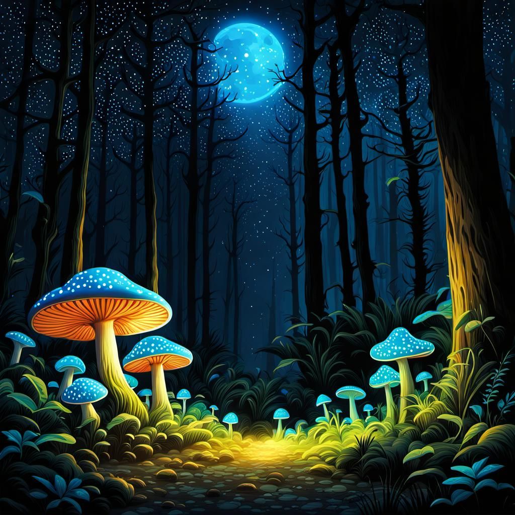 Bioluminescent Celestial Mushroom Paradise Forest Illustrati...