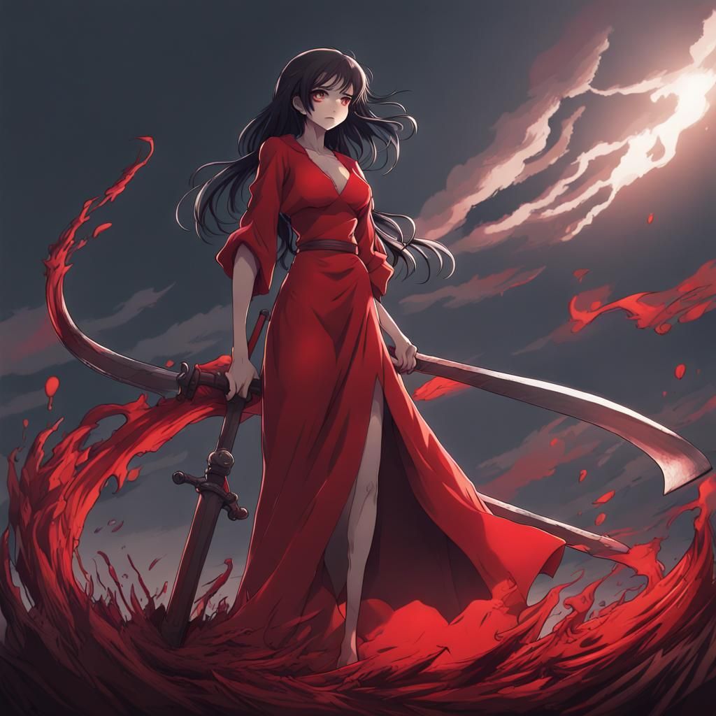 Anime Grim Reaper in Red Dress with Scythe