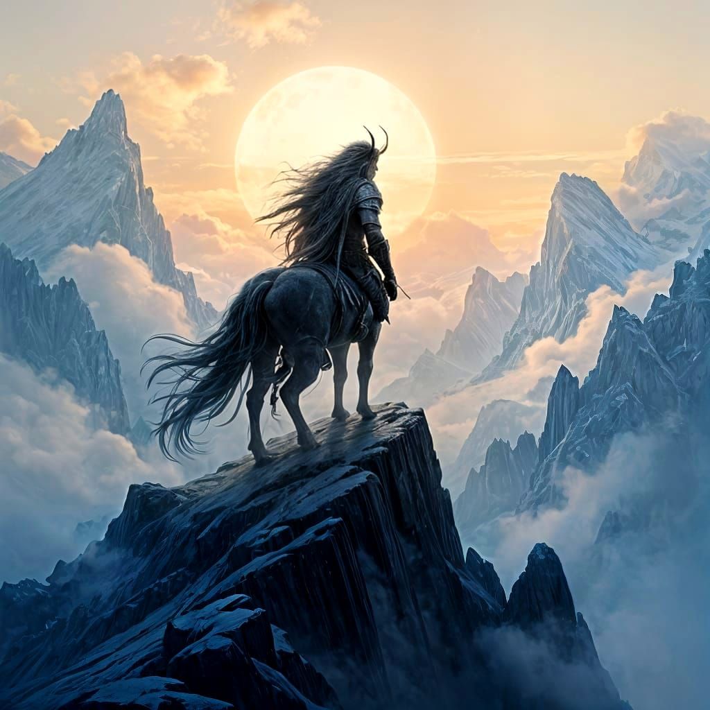 Epic Centaur on Misty Mountain Peak in Digital Painting Styl...