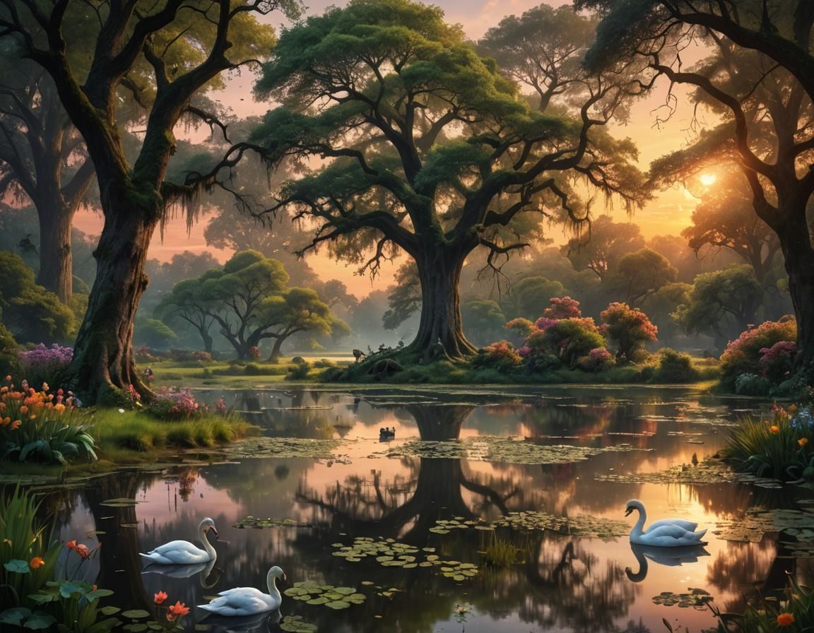 Mystic Oak Forest Pond at Sunset