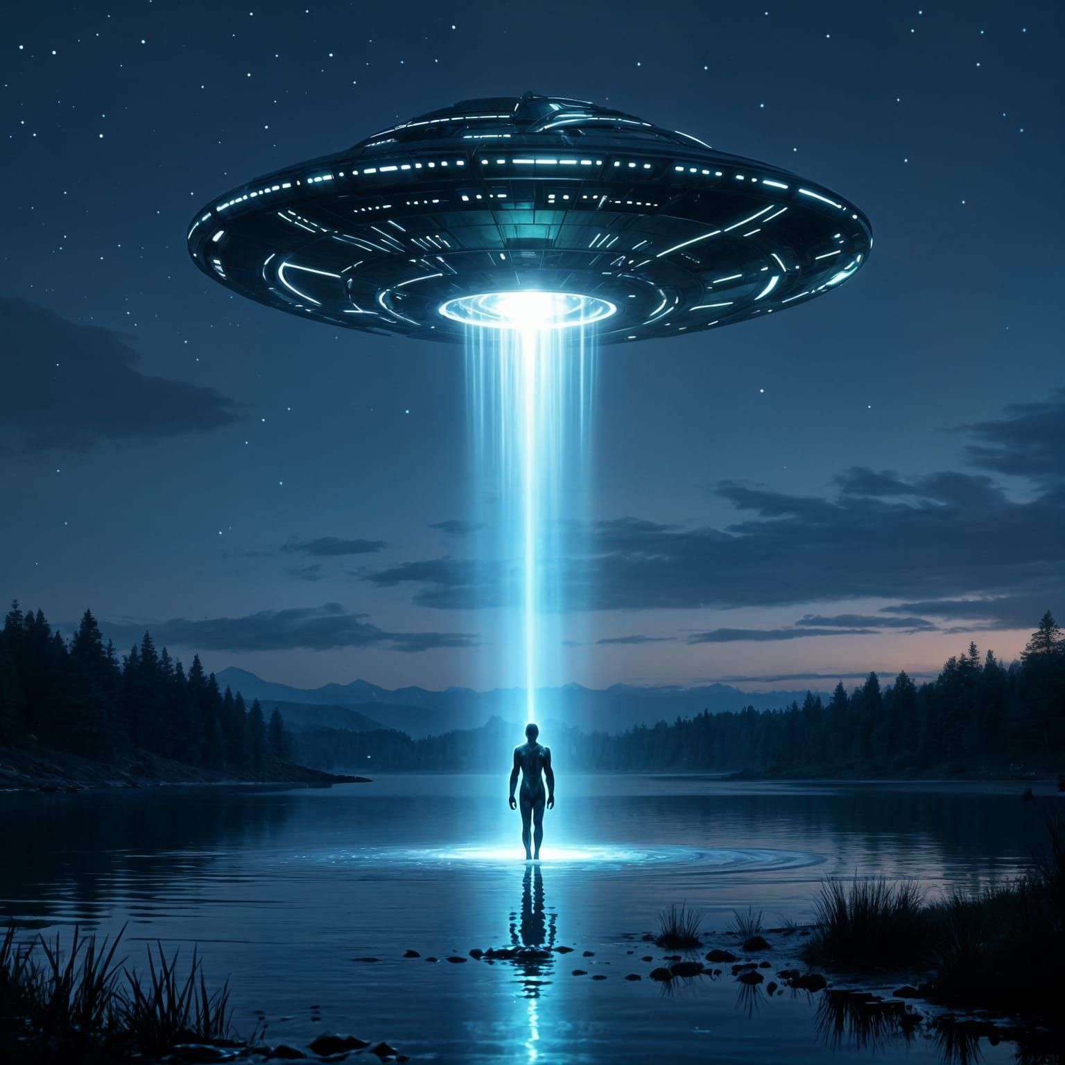 Alien Spaceship Lands on Reflective Lake