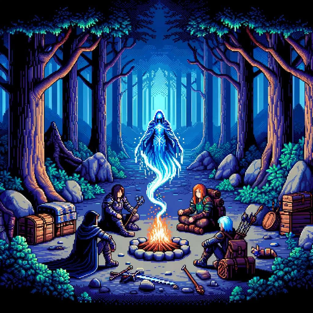 Pixel-Art Knight and Adventurers in Dark Forest