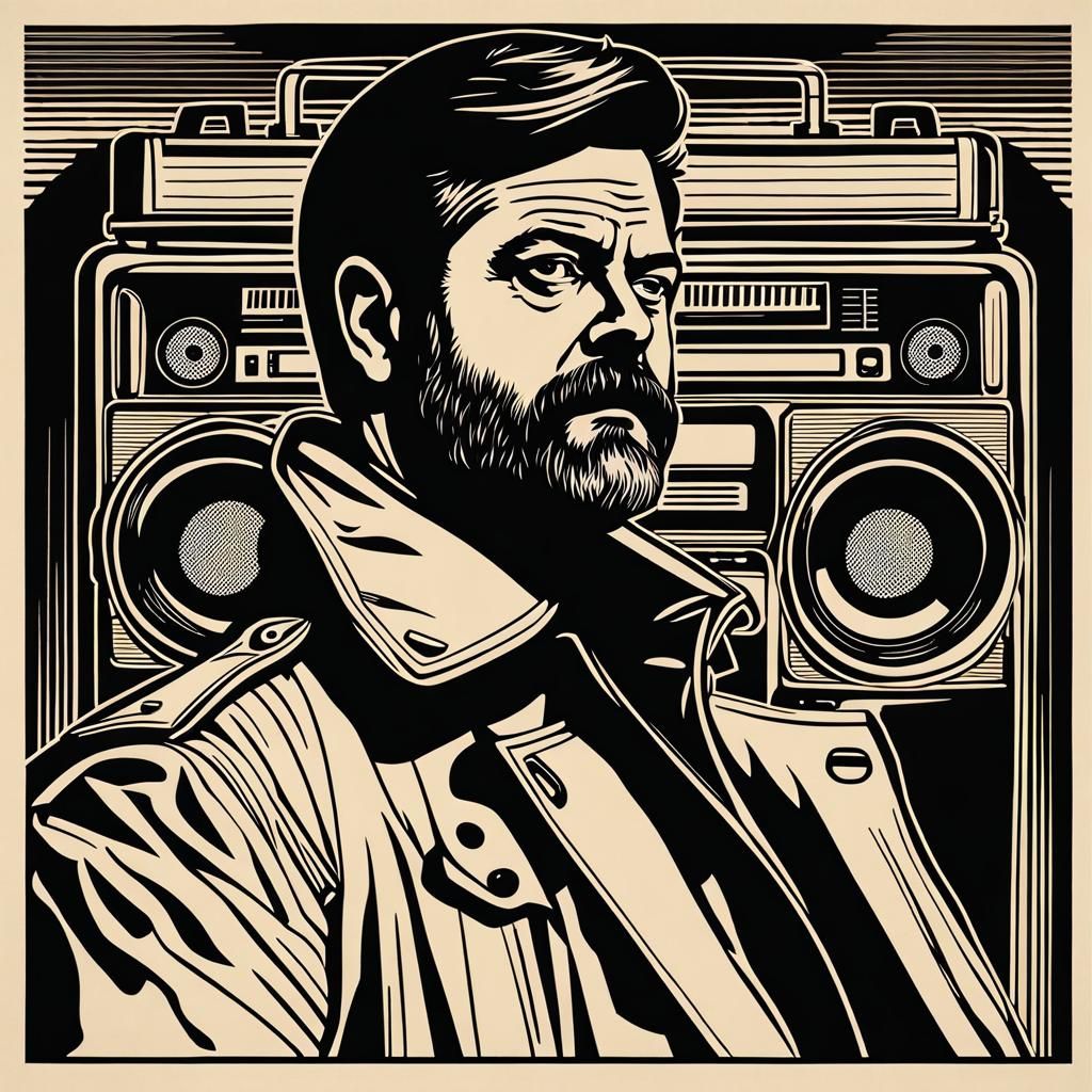 Nick Offerman Vintage Movie Poster in Woodcut Style