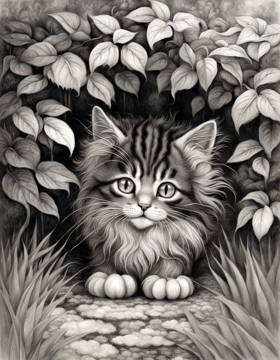 Surreal Kitten Hiding from Summer Rain, Charcoal Art