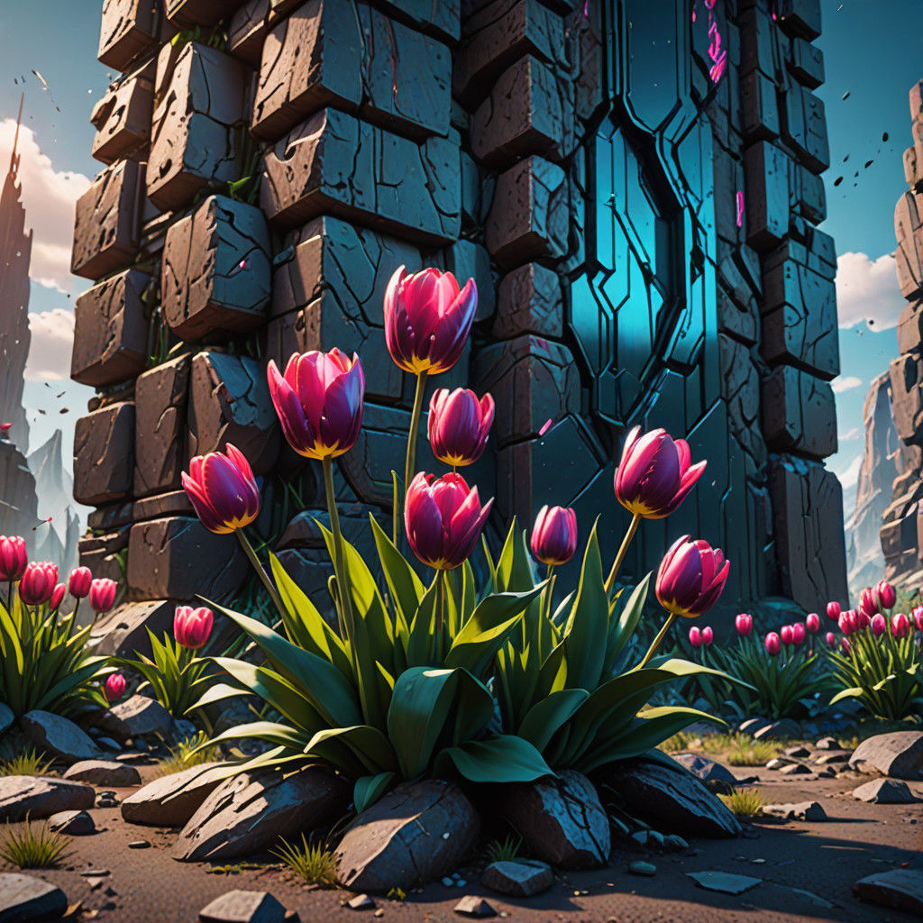 Vibrant Splatter Art with Pink Tulips Bursting from Ancient...