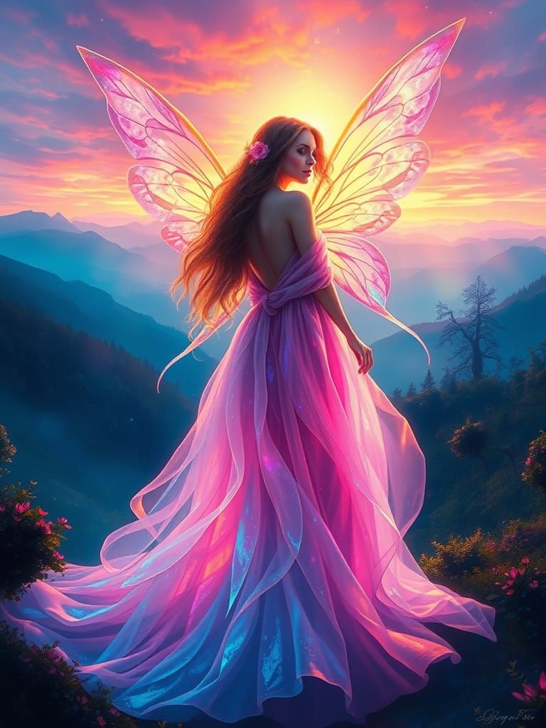 Ethereal Fairy in Iridescent Gown Amidst Dreamlike Vista