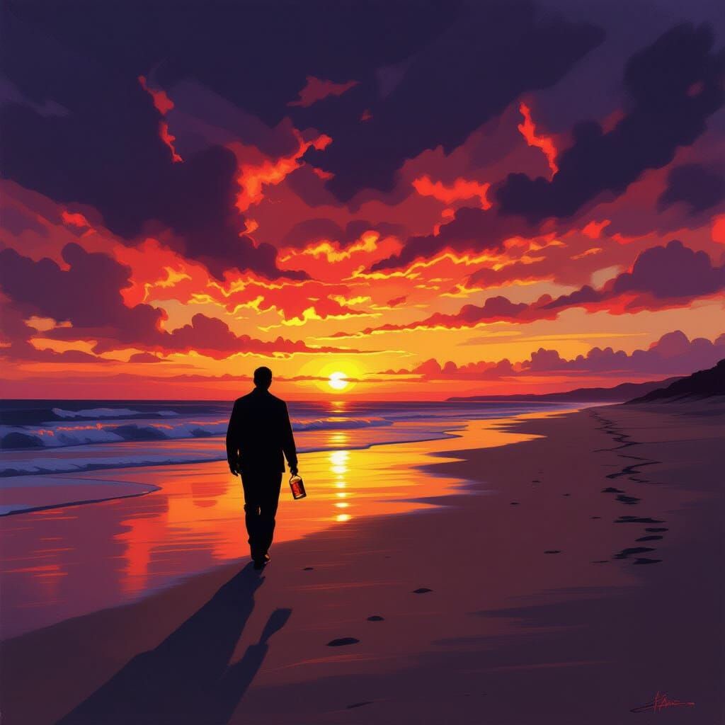 Man on Beach at Sunset with Whisky Bottle Oil Painting